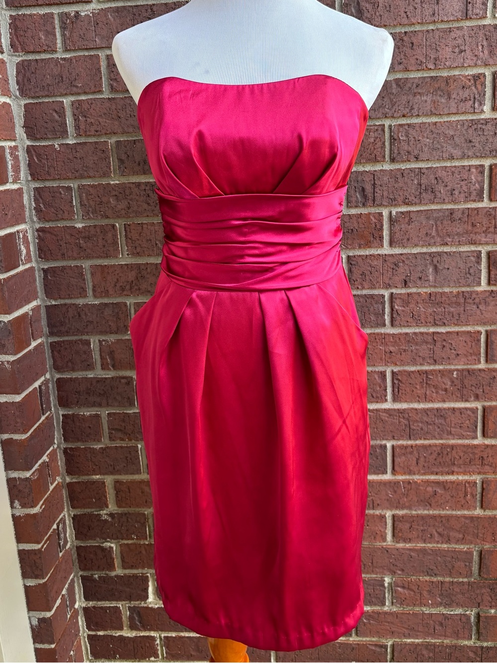 David's Bridal Strapless Hot Pink Satin Sheath Dress